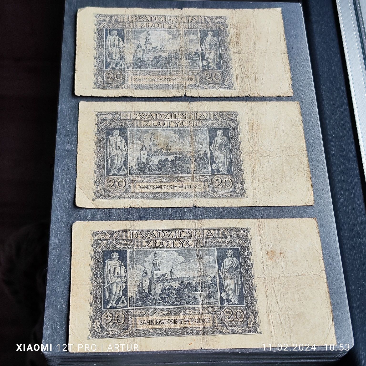 3 banknoty 20 zł 1940 rzadkie serie C,E,F