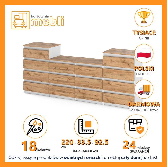 Komoda Modułowa 14 Szuflad Szafka 220cm Salon Sypialnia Skandynawska