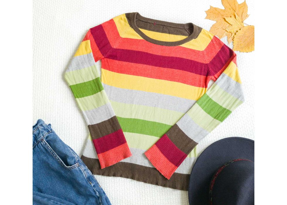 Kolorowy sweter wełna angora bawełna damski paski M L na jesień