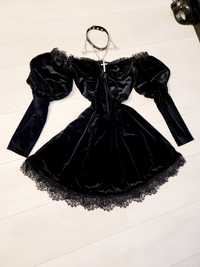 Nowa czarna aksamitna sukienka wiktoriańska gorsetową górą Alternativ