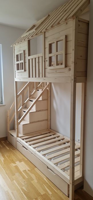 Łóżko piętrowe drewniane domek 80x160