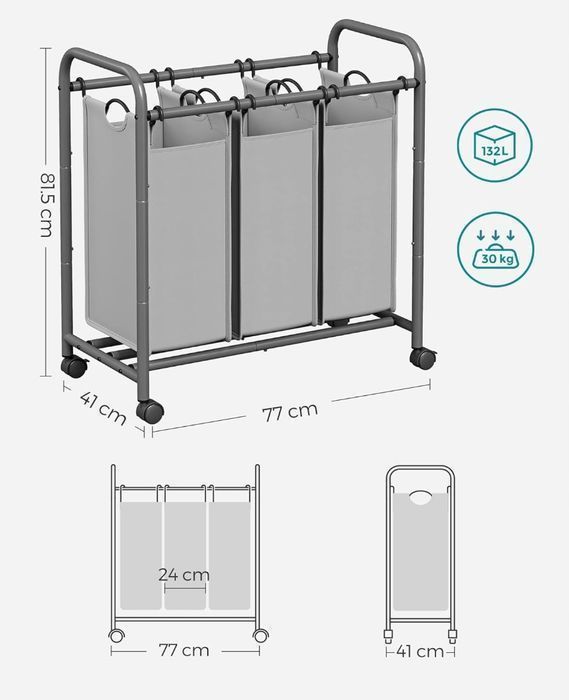 SONGMICS LSF003GS kosz na pranie z 3 przegródkami, z kółkami