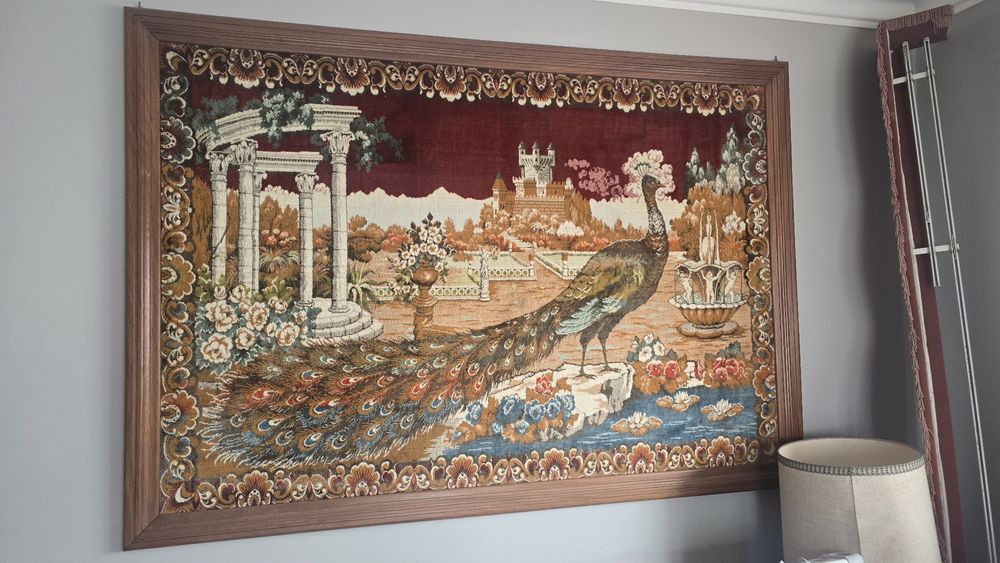 Quadro tapete pavão antigo