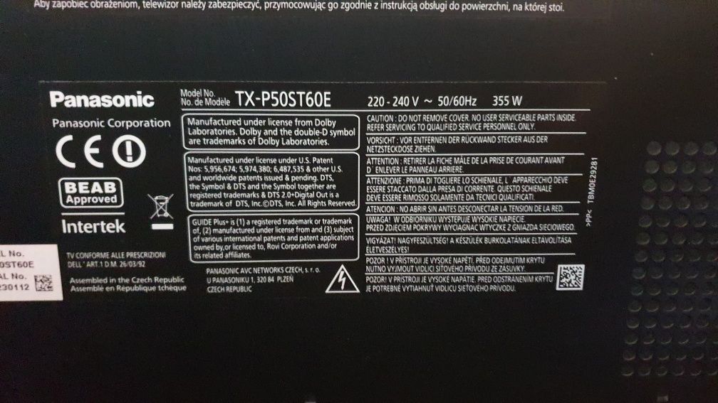 Panasonic TX-P50ST60E 3D brak okularów 3D