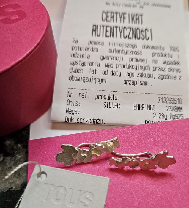 kolczyki srebrne TOUS nausznice ze srebra nowe certyfikat misie orygin
