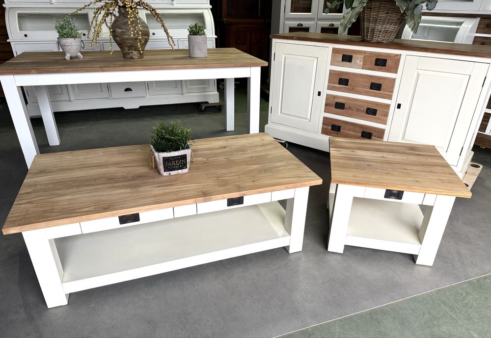 DESIGNERSKI masywny Stolik kawowy duży drewniany tekowy biały mleczny