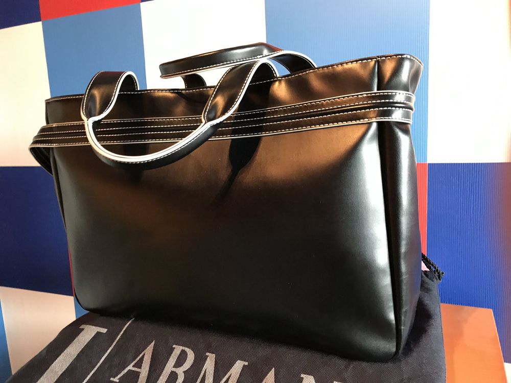 Torba-shopper do ręki/na ramię, Armani Jeans, czarna+białe wypustki,