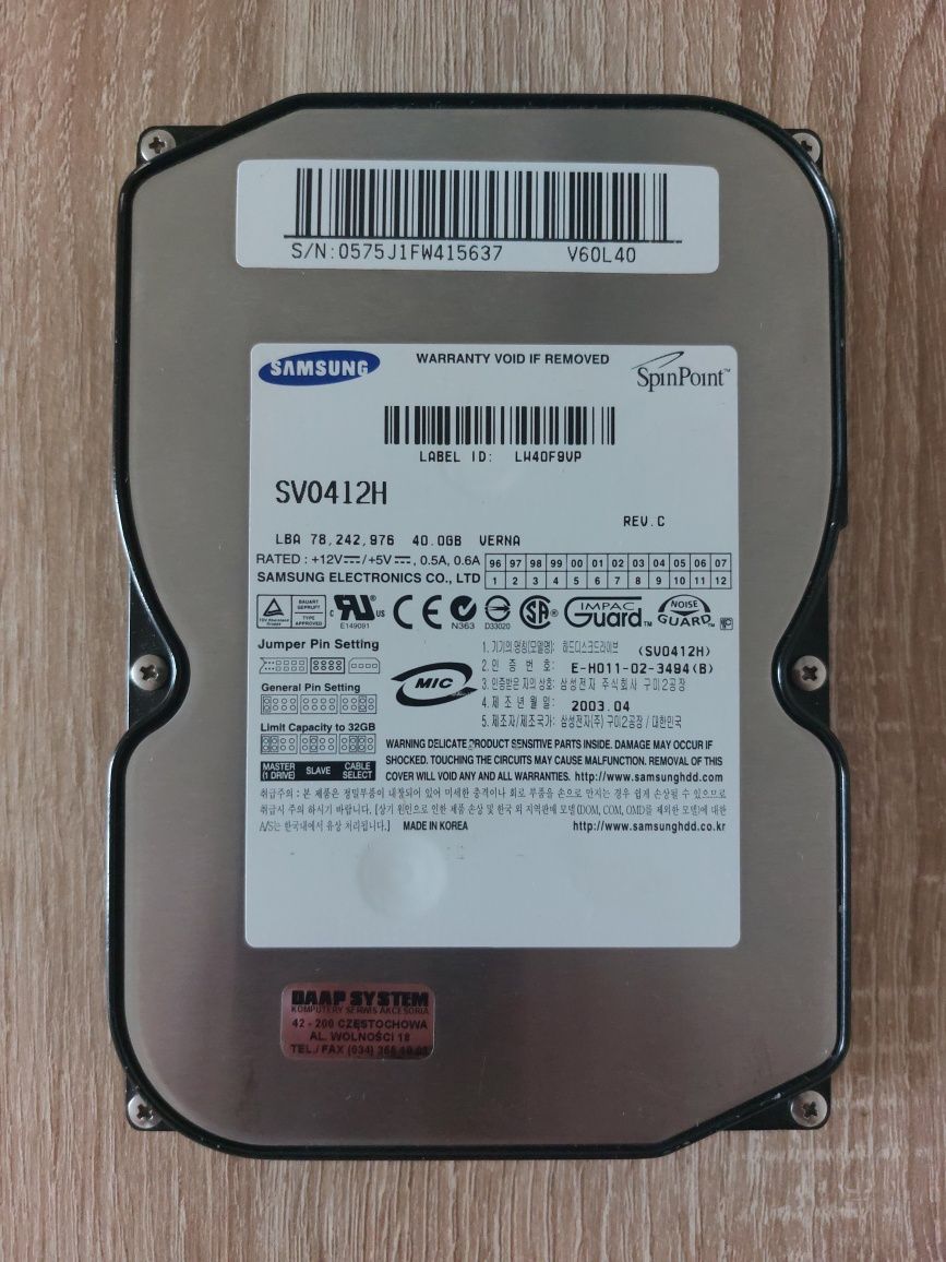 Dysk twardy Samsung SV0412H 40GB PATA (IDE/ATA) 3,5"