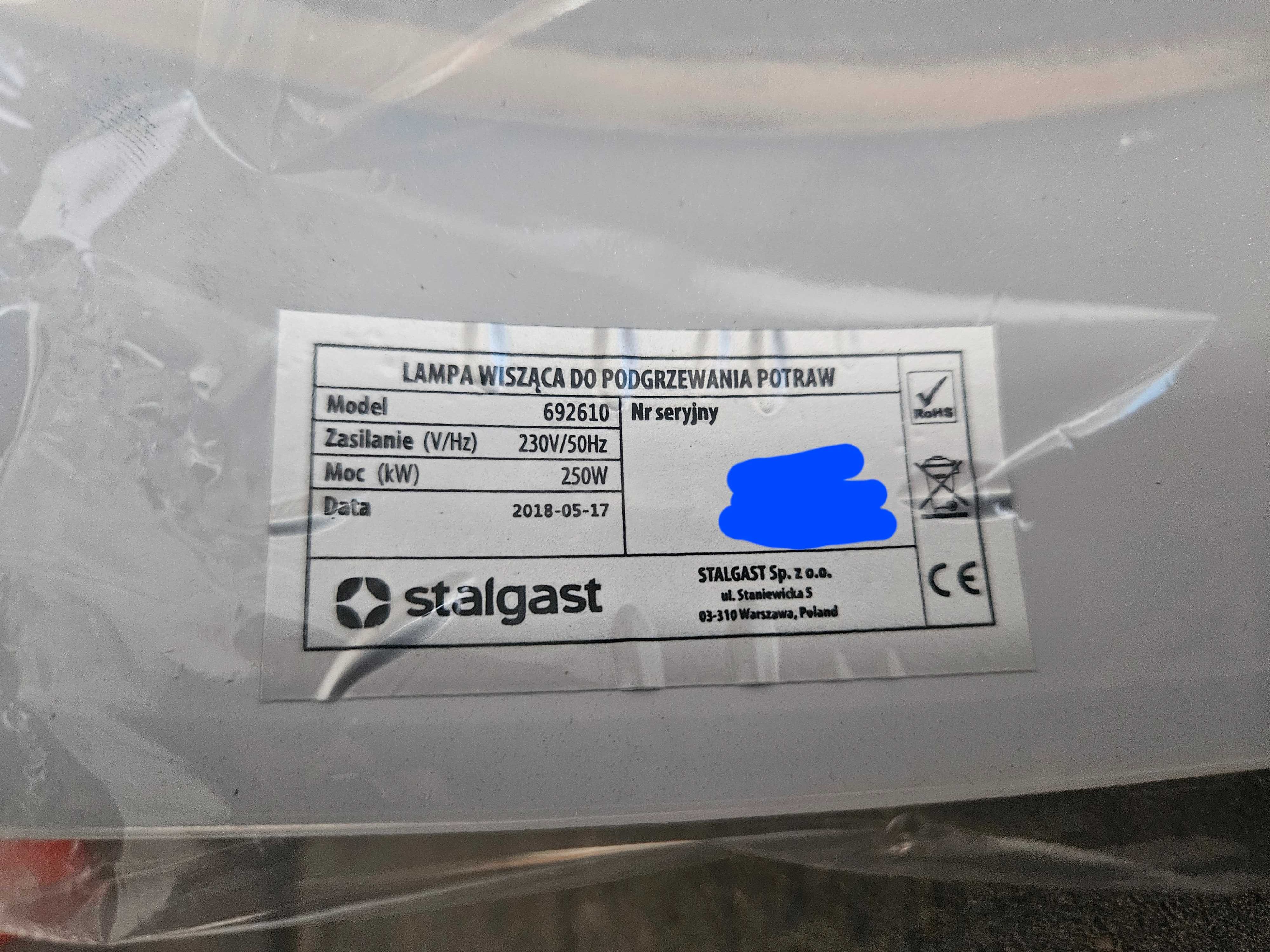 Stalgast Lampa grzewcza do potraw wisząca (692610) NOWA żarowka gratis