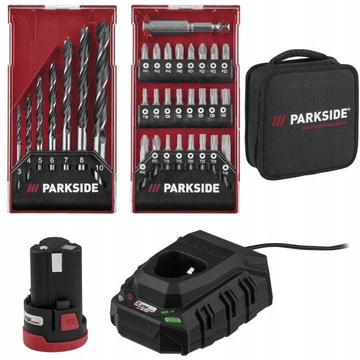 Wiertarko-wkrętarka Parkside 12V z akumulatorem, ładowarka + akcesoria