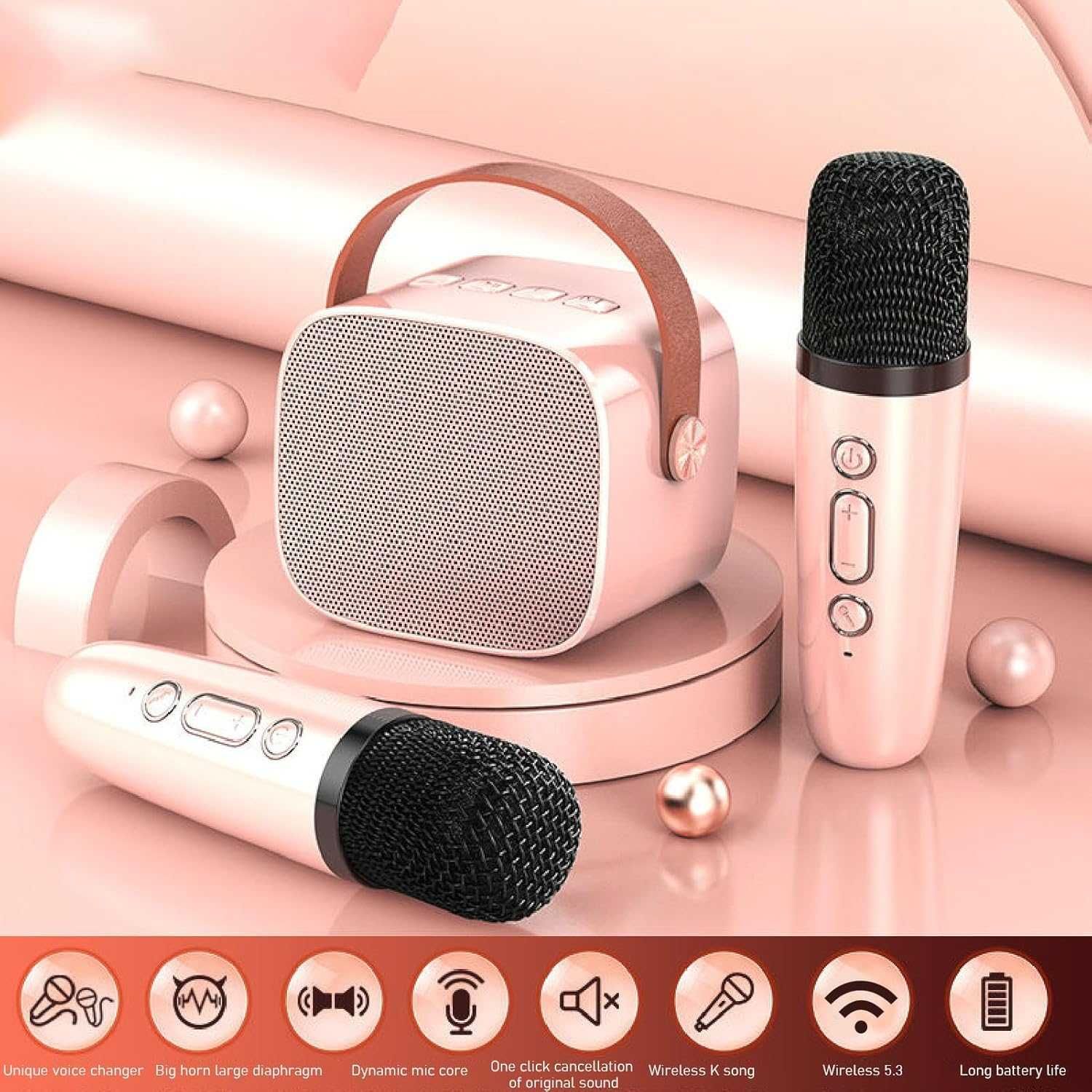 Mini Zestaw do Karaoke, Głośnik Stereo Bluetooth z 2 Mikrofonami RGB