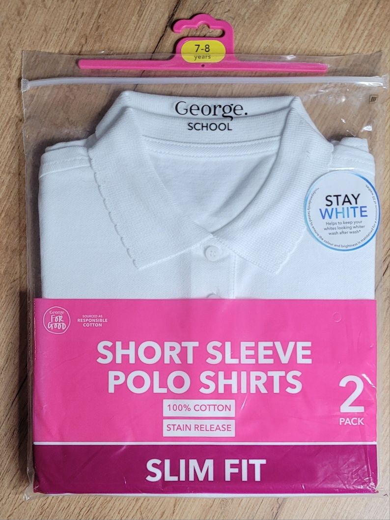 2pak biała bluzka polo krótki rękaw george slim fit 7/8lat 122/128cm