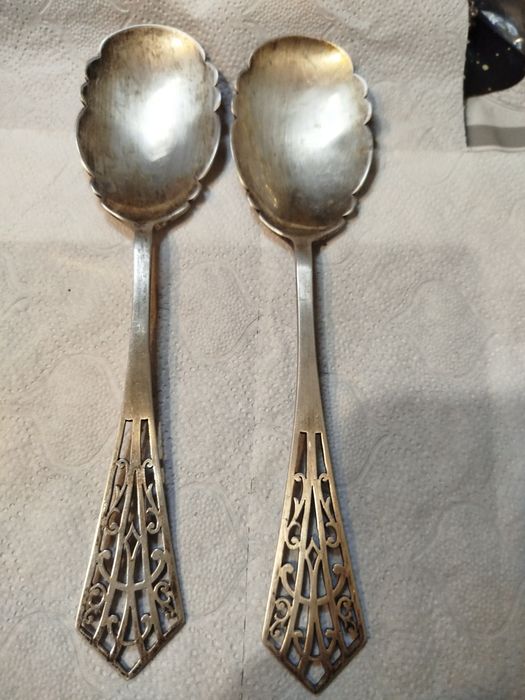 2 rzadke łyżki srebro. Walker&Hall 1910r. Ażurowy trzonek, Anglia