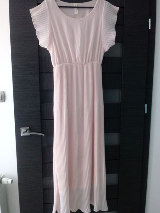 Sukienka długa wesele rozm L plisowana pudrowy róż