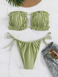 Strój Kąpielowy Bikini Marszczone Stringi Zielone Shein L