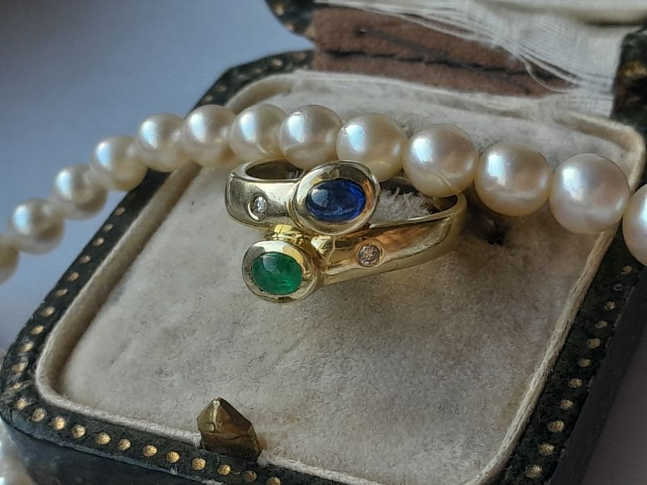 R.10 Pierścionek Szafir Szmaragd Diamenty Złoto 585