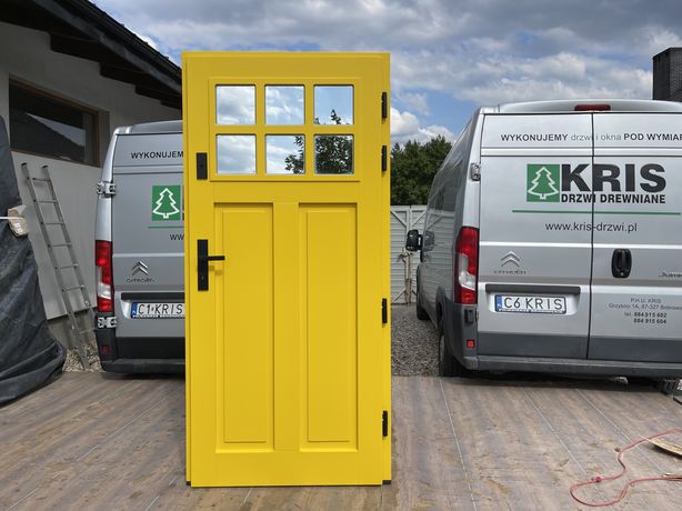 Drzwi Drewniane ZEWNĘTRZNE ocieplane angielskie żółte CZYSTE POWIETRZE