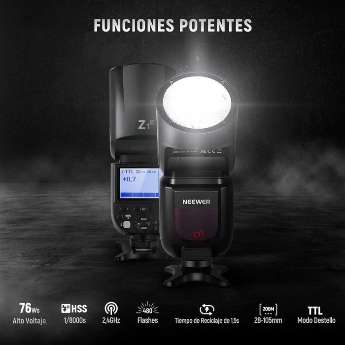 Flash Neewer Z1 cabeça redonda 2 baterias TTL Canon / Nikon / Sony