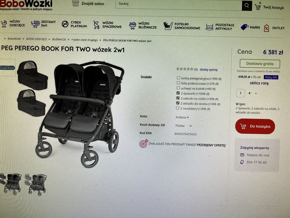 Wózek bliźniaczy peg perego + dodatki