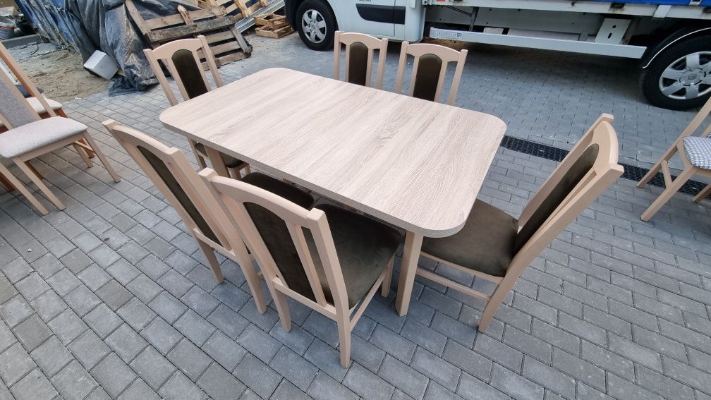 Nowe: Stół 80x140/180 + 6 krzeseł, sonoma + zieleń antyczna