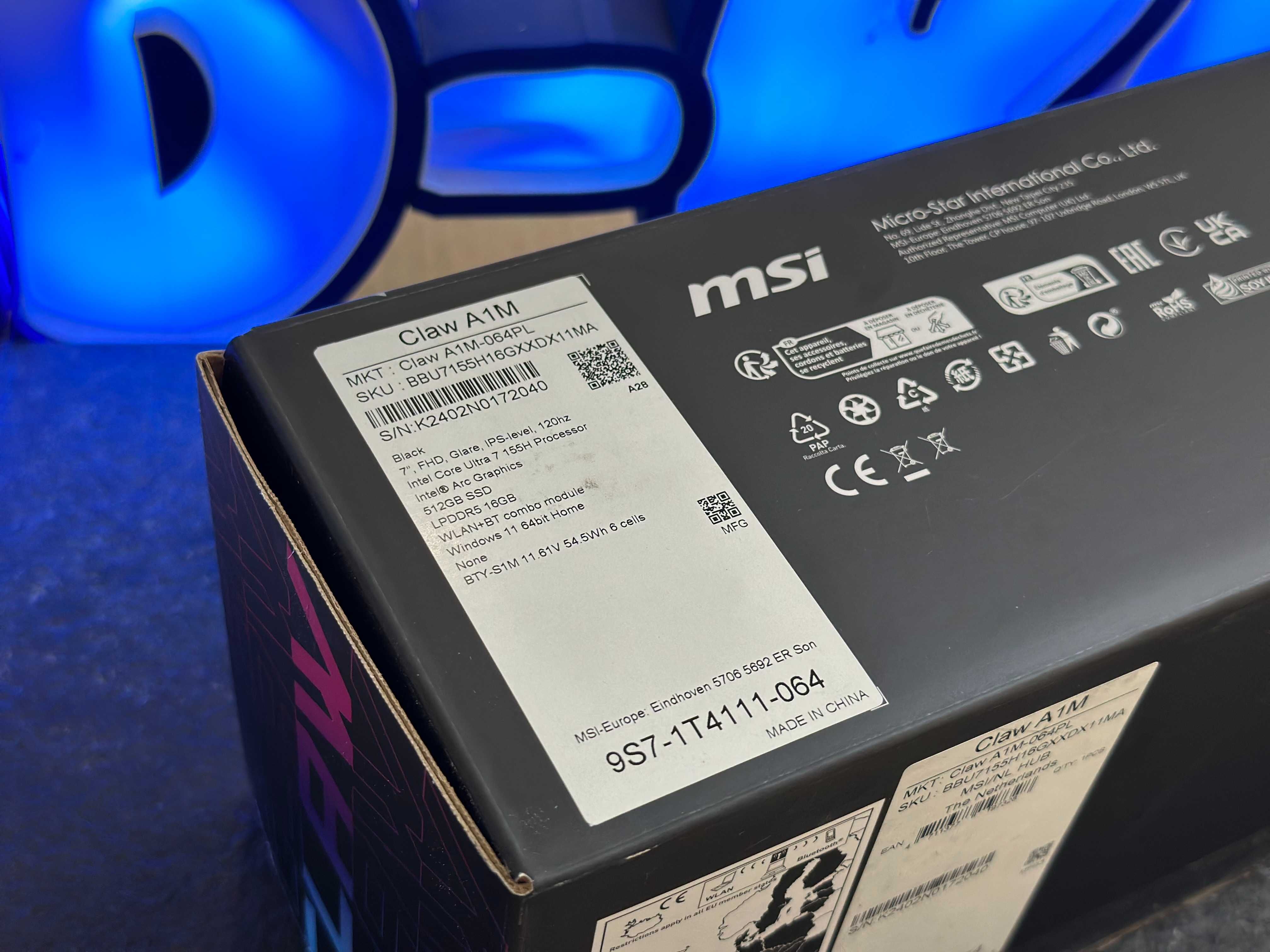 MSI Claw A1M Intel Core Ultra 7 / 7” FHD IPS / Windows 11 / RATY