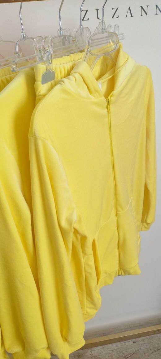 Welurowy komplet dresowy szorty + bluza z zamkiem żółty bananowy XL 42