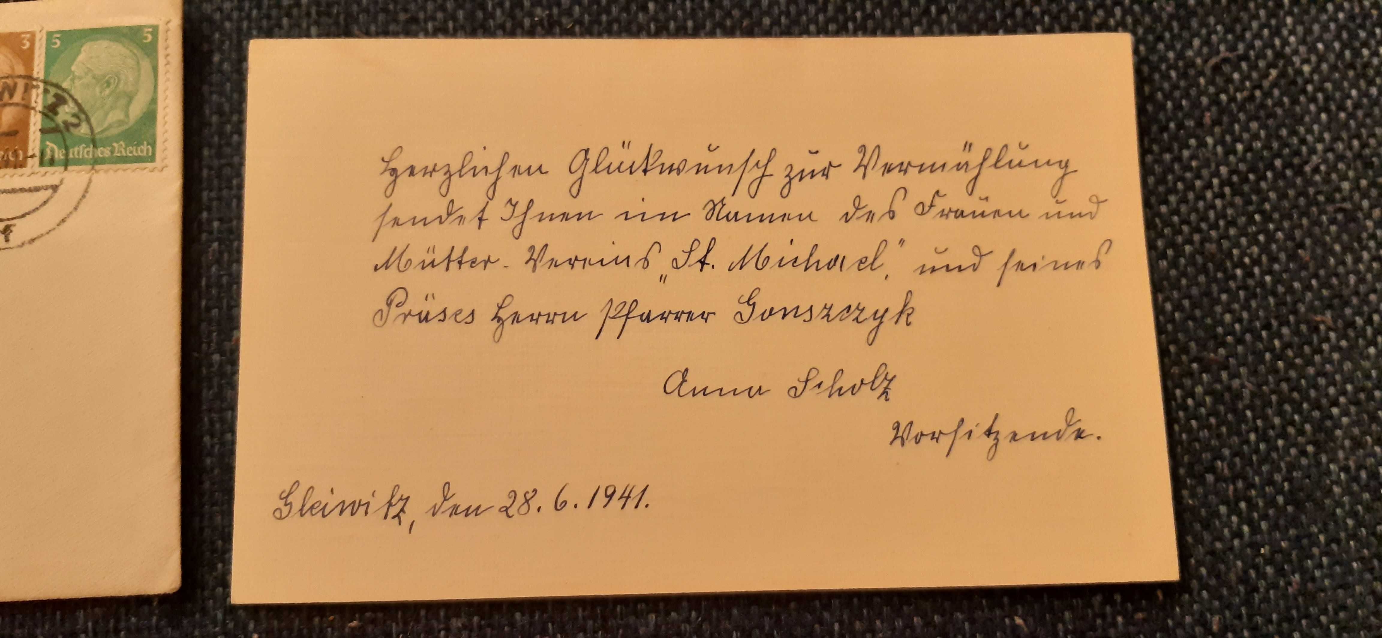 stary niemiecki list gliwice 1941 rok plus koperta ze znaczkami
