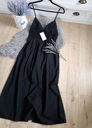 Чорна довга максі сукня в пол з бабовни та вишивкою Zara