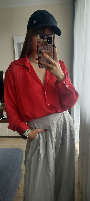Satynowa klasyczna koszula oversize Zara XS S czerwona bordo bordowa
