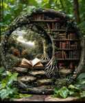 Знак з вінтажним деревом та книжковою полицею