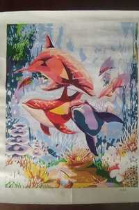 Tela pintada á mão com tintas acrílicas, tema golfinhos