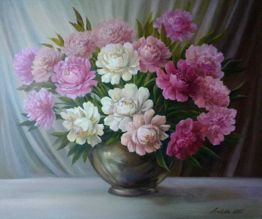 "Букет пионов в вазе",картина маслом