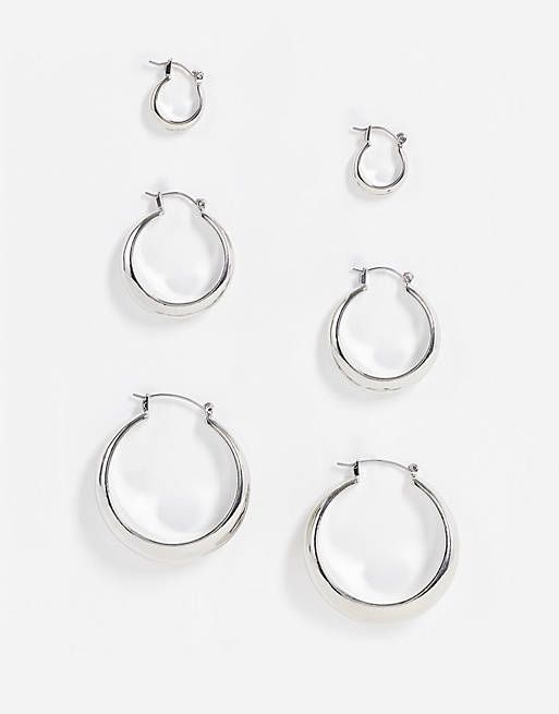 ASOS DESIGN Zestaw 3 srebrnych kolczyków 30770