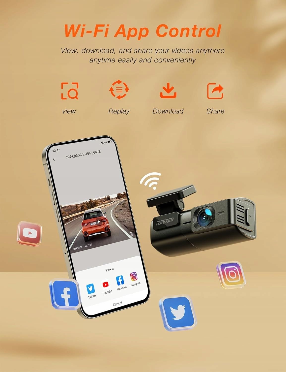 Видеорегистратор iZEEKER 2.5K Wi-Fi, ночное видение 1440p, G-сенсор WD
