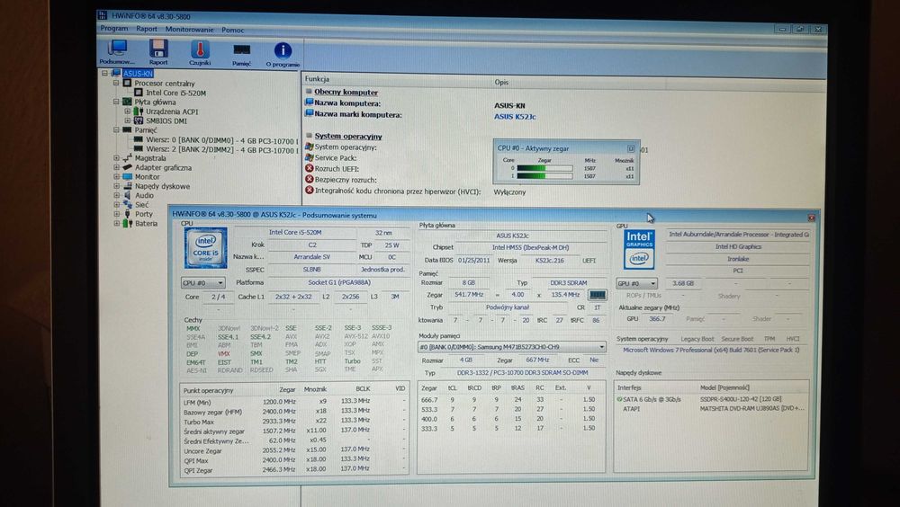 Laptop Asus K52J Intel Core i5 8GB RAM +zasilacz oryginalny bez dysku.