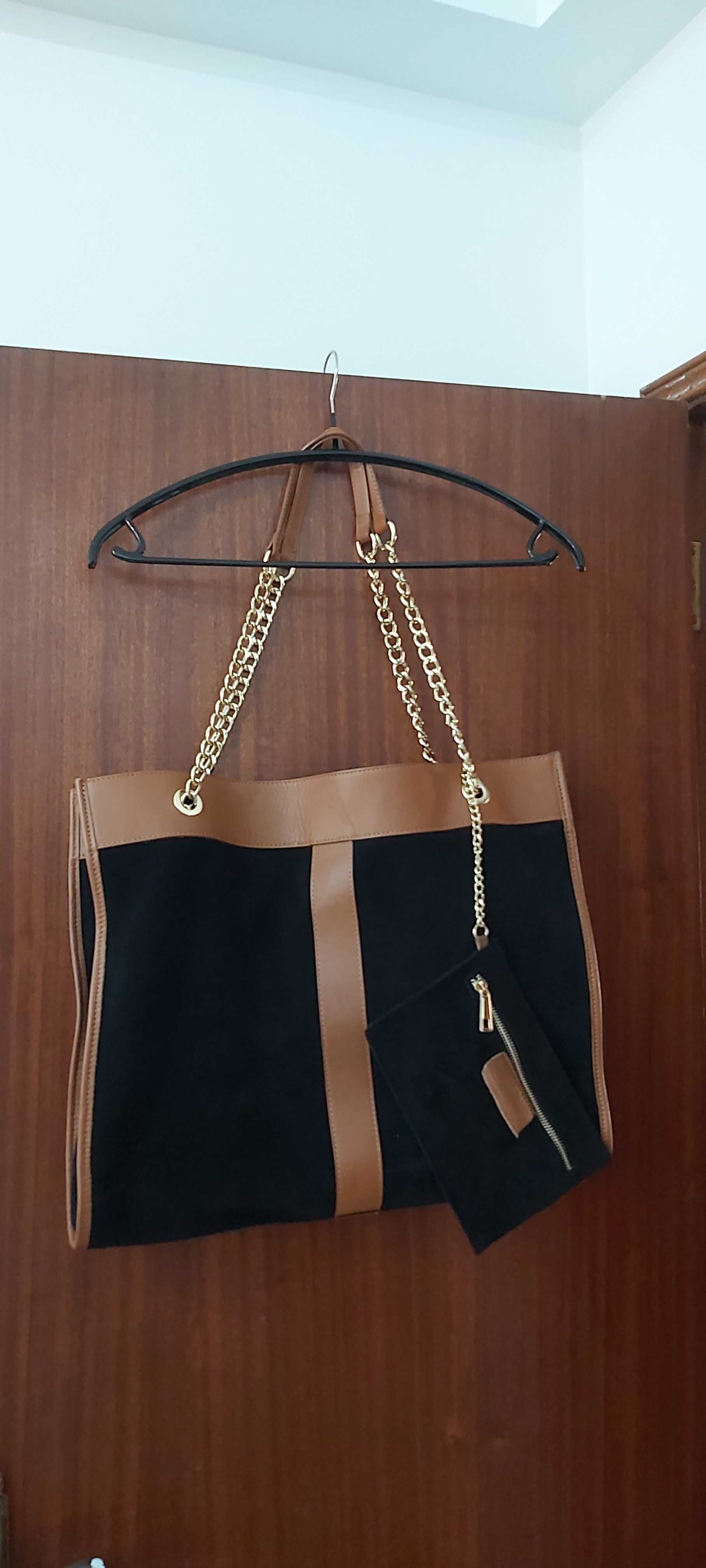 Mala shopper em pele genuína(preto e camel). Marca "Eureka"