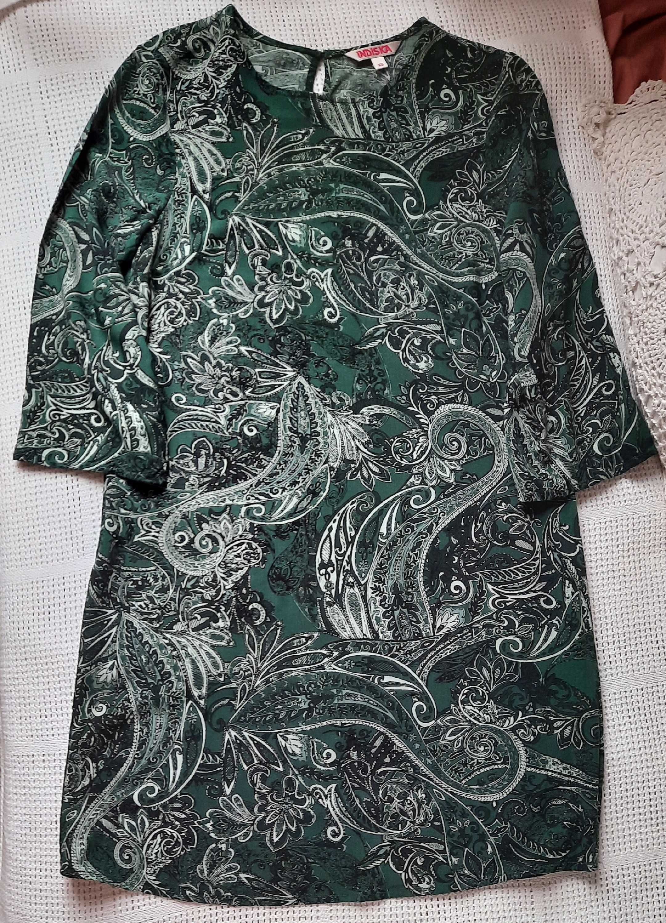100% Wiskoza Indiska butelkowa zieleń paisley sukienka wzory print XS