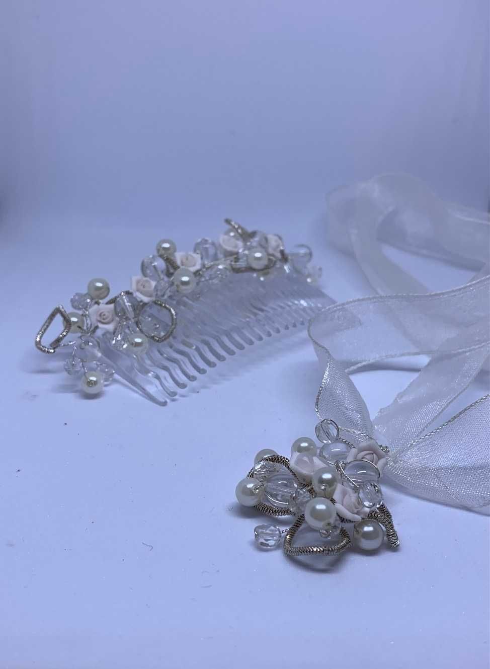 komplet ślubny handmade grzebyk choker róże perły kryształy urok