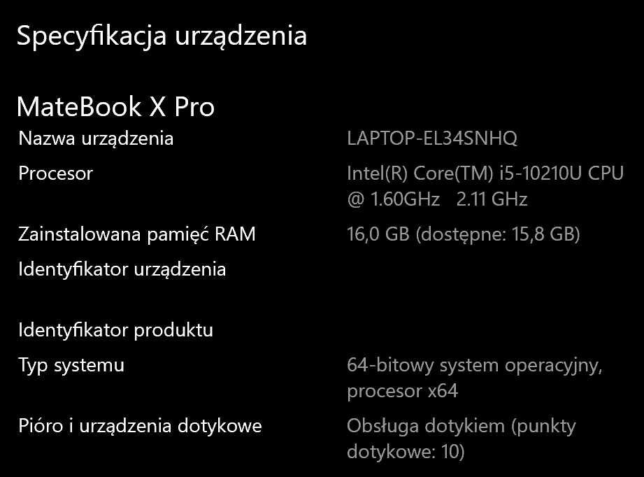 Huawei Matebook X Pro i5-10210U/16GB/512/Win10P Dotyk