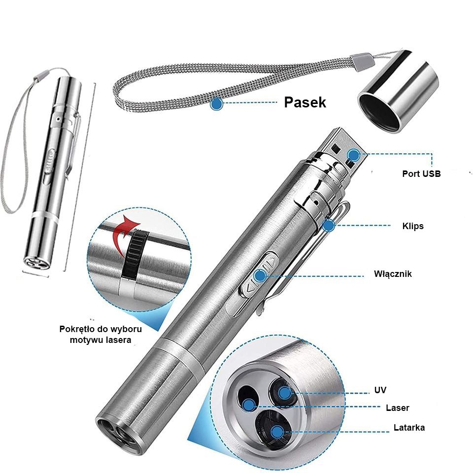 3W1 Wskaźnik Laserowy Dla Kota Usb Latarka Uv