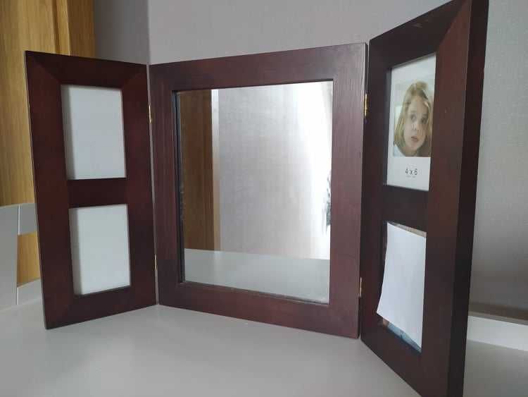 lustro w drewnianej ramie+4 ramki na zdjęcia