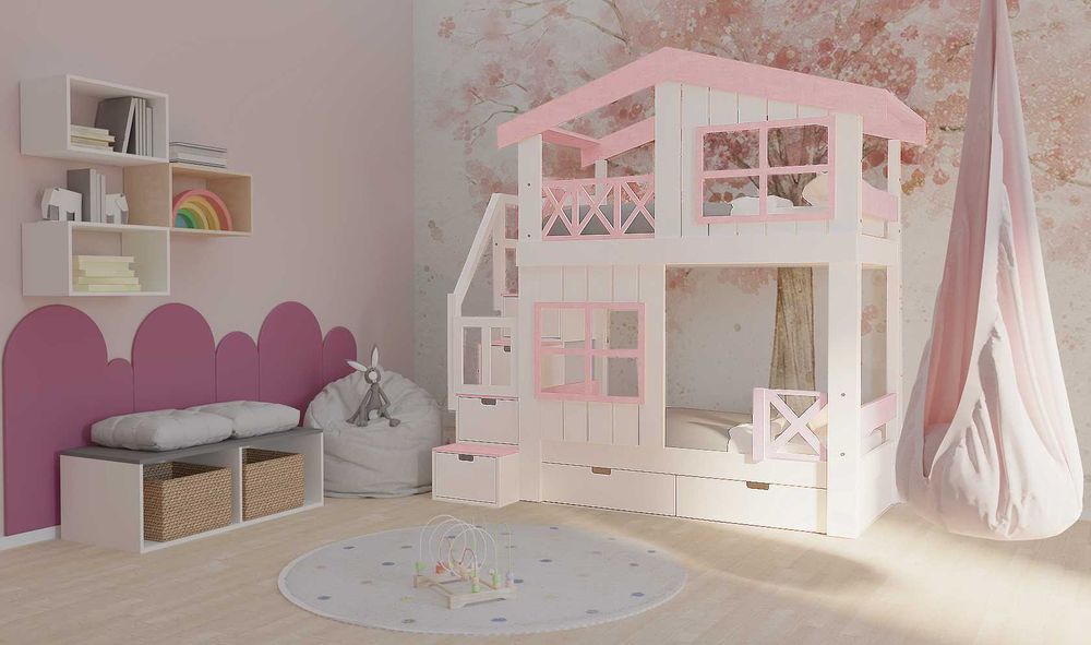 Łóżko piętrowe domek ze schodami Łóżko dla rodzeństwa