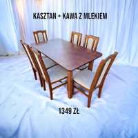 Nowe: Stół 80x140/180 + 6 krzeseł, KASZTAN + KAWA Z MLEKIEM , transPL
