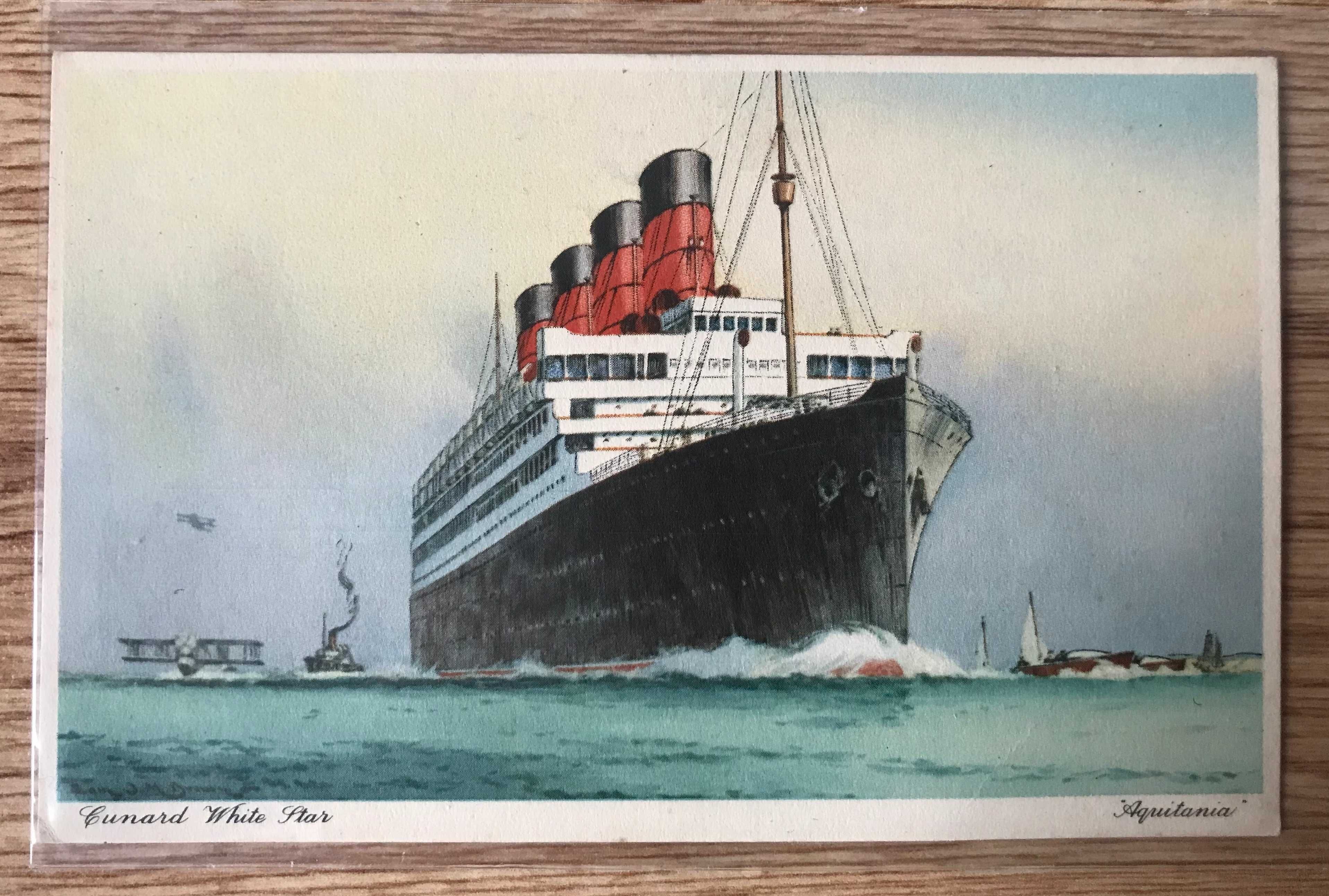 RMS Aquitania - 2 zdjęcia, pocztówka oraz mlecznik Cunard White Star