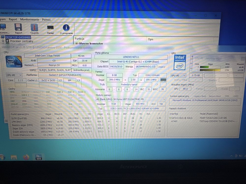 Laptop Lenovo G550 C2D T9500 2.6GHz, 8GB DDR3, 128GB SSD
