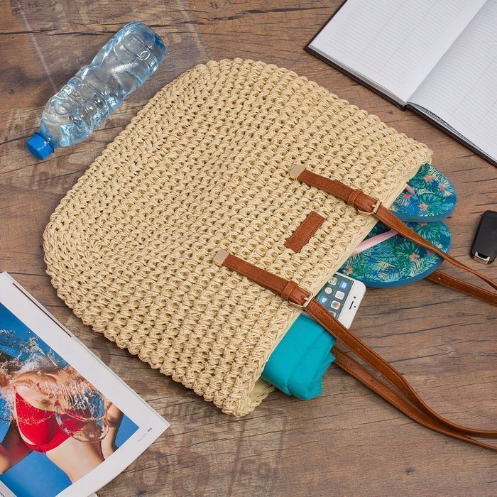 Beżowa Torba plażowa duża na lato rączki solidna koszyk plecionka