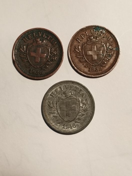 Moedas de 1 Rappen da Suiça 1928, 1932 e 1946