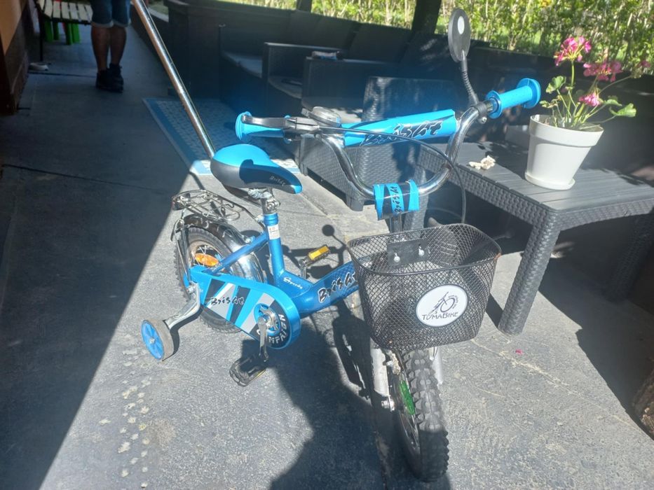 Rower BMX dziecięcy +boczne kółka koszyk bagażnik pchacz i lusterko