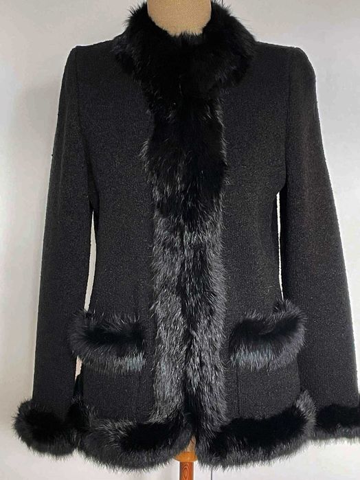 Żakiet damski obszyty naturalnym futerkiem, r. M, nowy, ale vintage