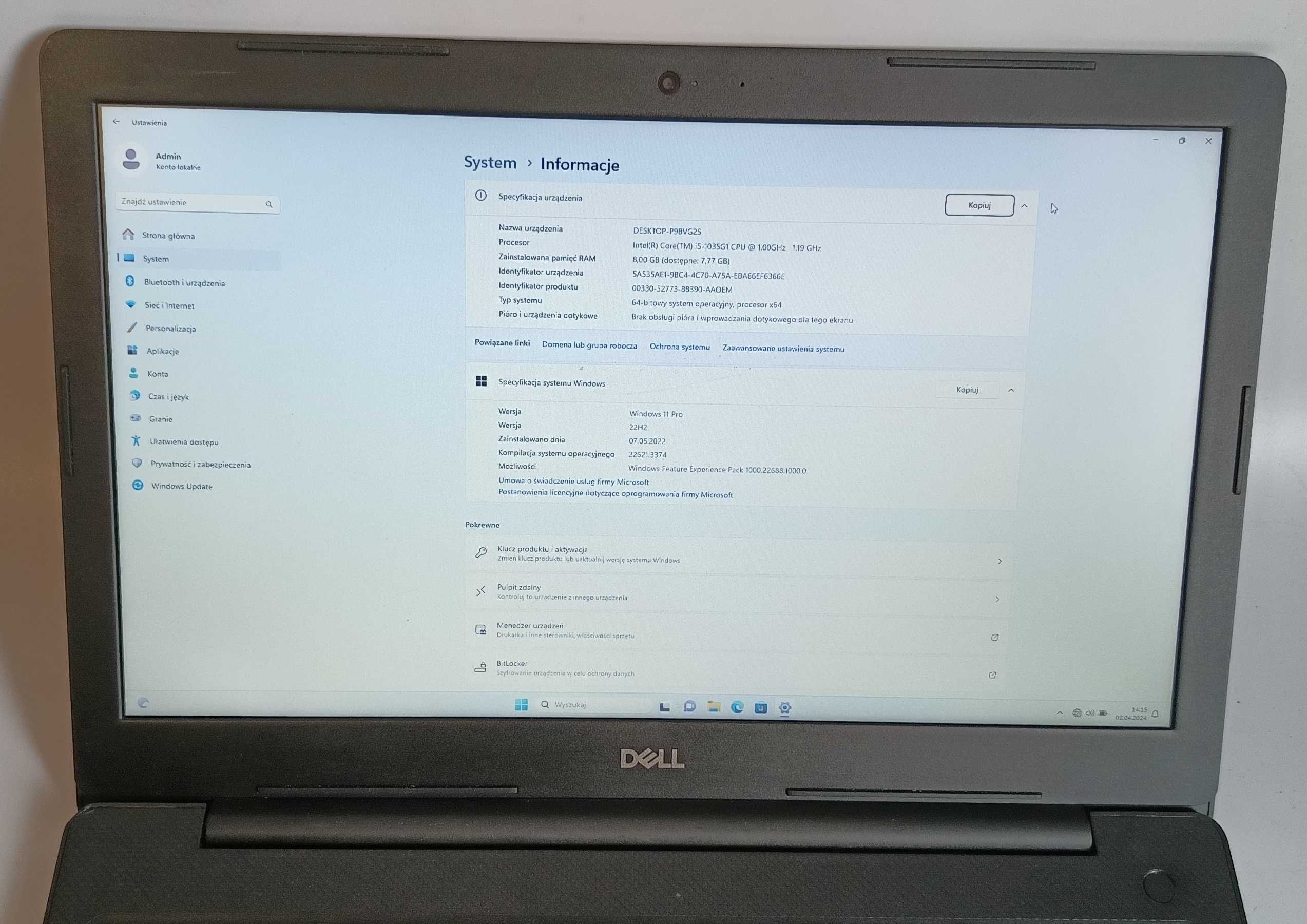 Laptop Dell Vostro  3591 i5-1035G1/8GB/240SSD/Win11